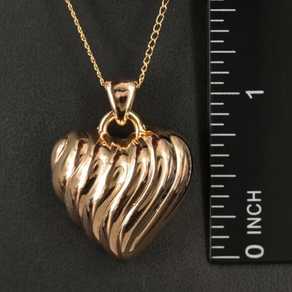 14K Fluted Puff Heart Pendant on Gold-Filled Necklace 1 inch big - Picture 3 of 7